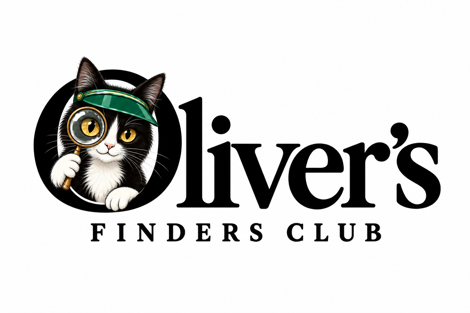 Oliver’s Finders Club: a tuxedo cat peeking through the O, wearing a green teller’s visor and holding a magnifying glass.